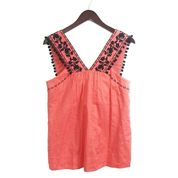 J. Crew Tops - J. Crew Embroidered Pom Tank 6 Coral Navy